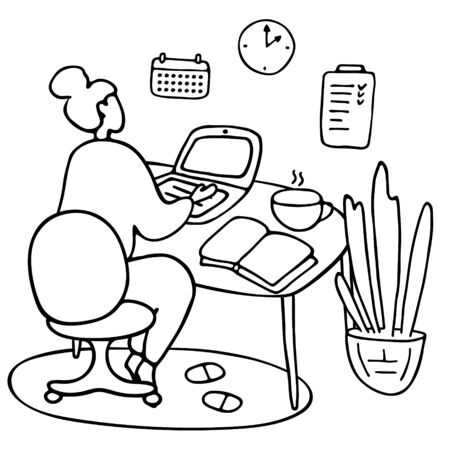 Girl sitting at laptop. Young female character studying online or working remotely during the quarantine period. E-learning education or freelance work concept. Hand drawn vector illustrationのイラスト素材