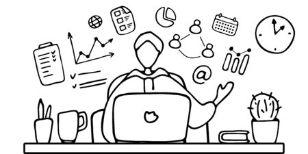 Blogger lead business blog. Man broadcasts online. Student studies remotely and takes the exam online. Head holds online meeting from home office. Manager holds a video conference with colleaguesのイラスト素材