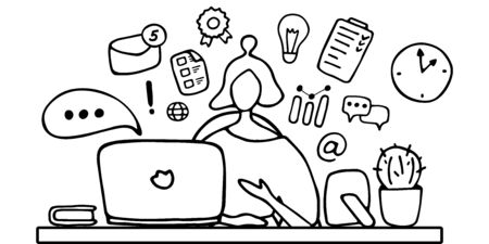 Girl blogger lead blog. Character of young woman broadcasts online and educates people. Content or account manager work remotely in home office. Hand drawn vector illustrationのイラスト素材