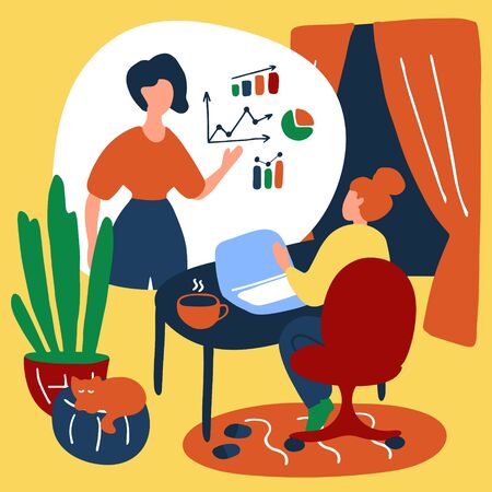 Student is studying online. Woman is working remotely from home. Pupil distance education. Girl in home office work place. Flat vector illustrationのイラスト素材