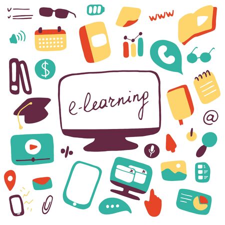 E-learning icon set. Online education symbols. Flat vector illustration.のイラスト素材