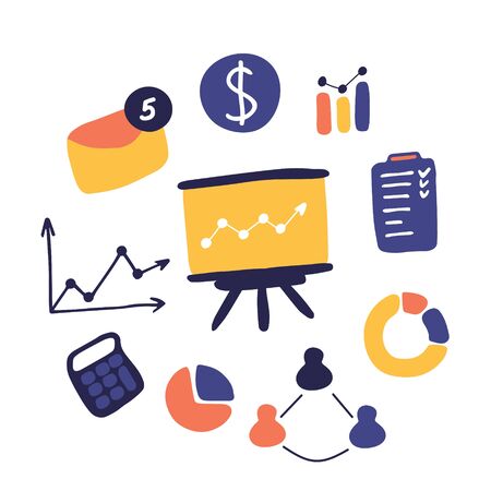 Business hand drawn icons. Doodle graph and chart, letter, to-do list, calculator. Vector flat illustration.のイラスト素材