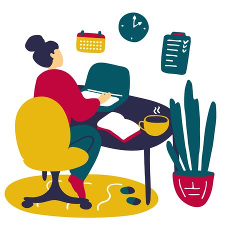 Girl is studying online from home. Young woman with laptop. E-learning, video conference, online shopping concept. Hand drawn flat vector illustrationのイラスト素材