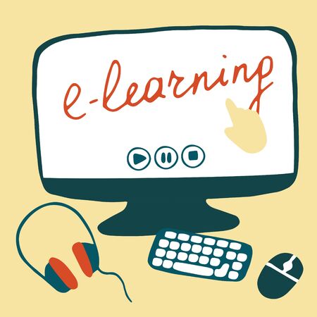 E-learning concept. Workplace for online education and remote work. Hand drawn flat vector illustrationのイラスト素材