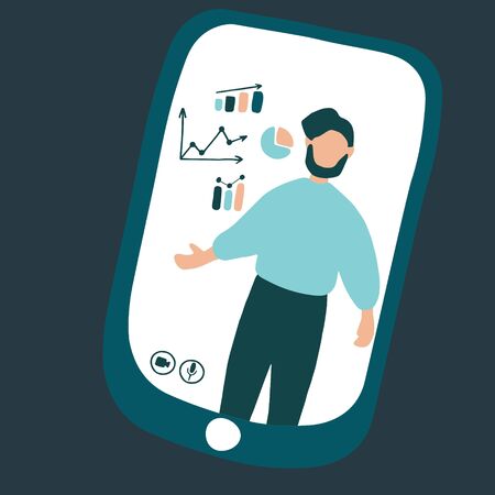 Vector flat illustration of webinar, online conference, lectures and training in internet. Man teaches people to broadcast online. E-learning, video conference, stay home conceptのイラスト素材