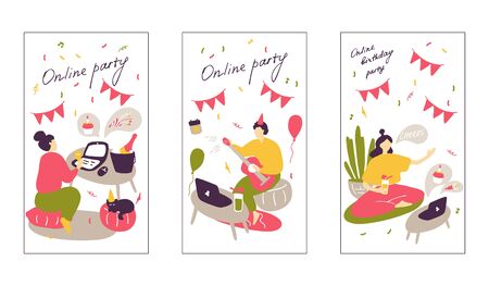 Online party. Set of vertical web banner. Collection of wallpaper for social media stories, cards, flyers, posters, banners and other promotion. Doodle flat vector graphic.のイラスト素材