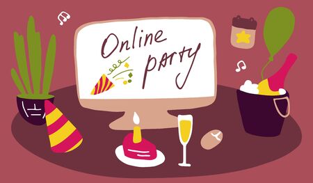 Party at home. Celebration in front of a computer. Birthday with friends online. Vector flat doodle graphicのイラスト素材