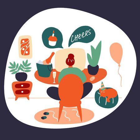 Young woman talking to friends online. Date on Internet. Online party, family event. Doodle flat vector illustration.のイラスト素材