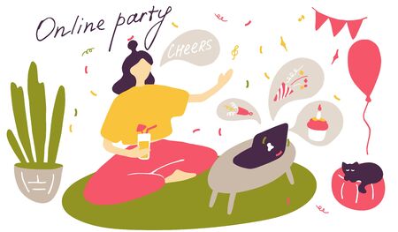 Girl drinks wine at online party. Network celebration, friends virtual meeting, video conference. Remote Network Communication. Vector flat doodle illustration.のイラスト素材