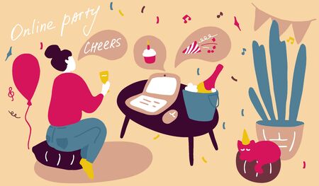Girl drinks wine at online party. Network celebration, friends virtual meeting, video conference. Remote Network Communication. Vector flat illustration.のイラスト素材
