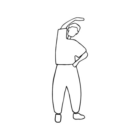 Fitness man doing exercise. Healthy lifestyle. Doodle vector illustration.のイラスト素材