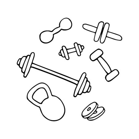 Set of gym equipment. Dumbbell line icon. Hand drawn vector illustration.のイラスト素材
