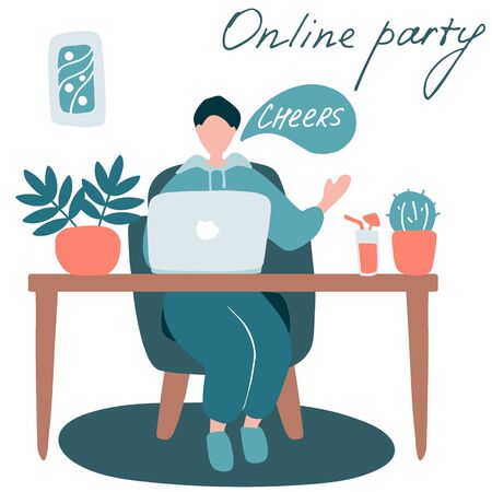Man talking to friends online. Date on Internet. Online party, family event. Doodle flat vector illustration.のイラスト素材