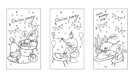 Online party. Set of vertical web banner. Collection of wallpaper for social media stories, cards, flyers, posters, banners and other promotion. Doodle vector graphic.のイラスト素材