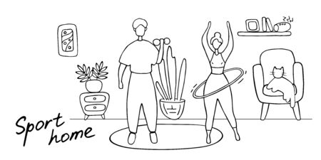Man and woman working out in home. Family couple training at home. Husband and wife doing sports. Doodle vector illustration.のイラスト素材