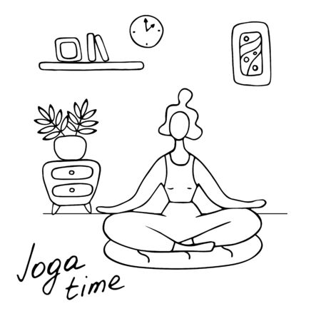 Woman meditating at home. Woman in yoga pose, lotus position. Fitness at home, home workout. Vector doodle illustration.のイラスト素材
