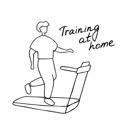 Young man running on treadmill. Sport training at home. Doodle vector graphic.のイラスト素材