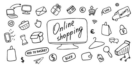 Online shopping icon set. E-commerce doodle signs. Vector illustration.のイラスト素材