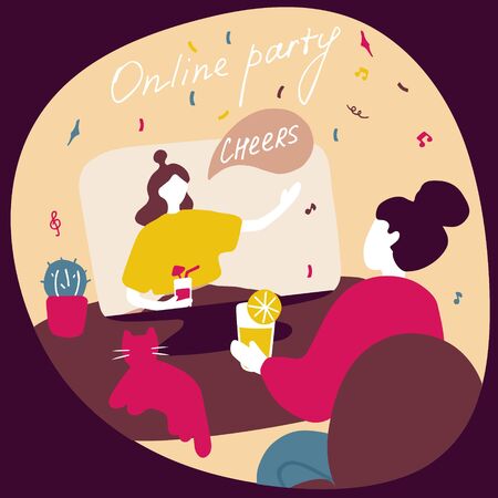 Friends from different countries drink cocktails and talk online. Virtual party, video call. Modern lifestyle, online life. Flat doodle vector illustration.のイラスト素材