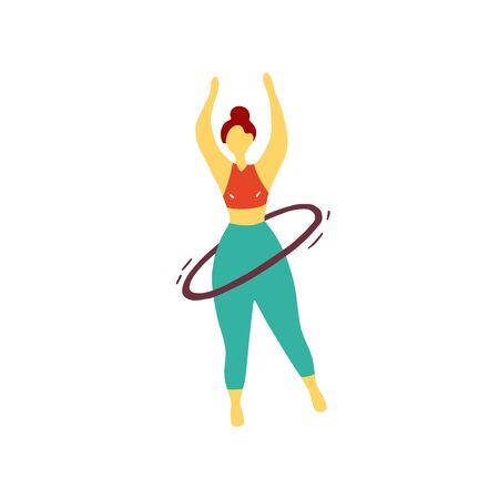 Sport girl twists hoop. Athlete is training before the competition. Gymnast doing exercises. Flat hand drawn vector graphic.のイラスト素材