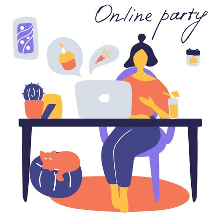 Online party, birthday, virtual meeting friends. Girl sitting in front of laptop with cocktail. Video chat. Vector flat illustration.のイラスト素材