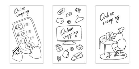 Online shopping. Set of vertical web banner. Stages of online shopping from home, choice-payment-delivery. Hand drawn vector graphic.のイラスト素材