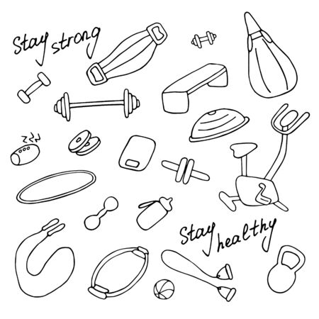 Simple icons of sports goods and accessories. Fitness at home, home workout. Hand drawn vector illustration.のイラスト素材
