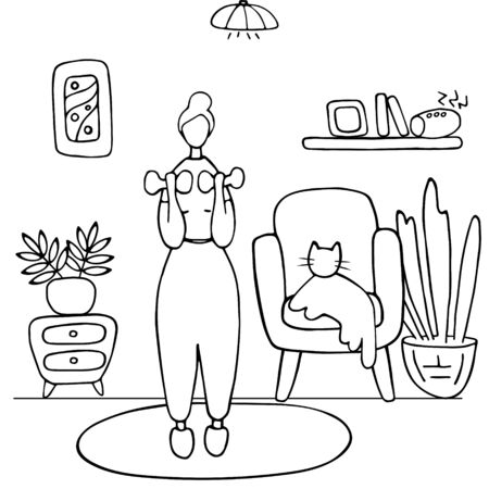 Young woman doing sports workout. Cute happy girl performing gymnastic dumbbell exercise at home. Doodle vector illustrationのイラスト素材