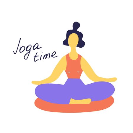 Woman doing yoga. Lotus pose. Hand drawn flat vector illustration.のイラスト素材