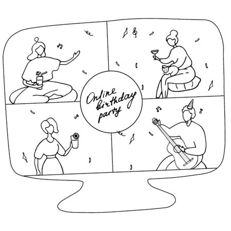 Internet party. Friends from different countries can chat and celebrate. Family event online. Remote communication. Linear doodle vector ullistration.のイラスト素材