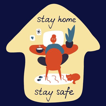 Young female character is working from home. Girl sitting at the computer. Stay home stay safe hand drawn inscription. Work at home, online education, courses. Flat hand drawn vector graphic.のイラスト素材