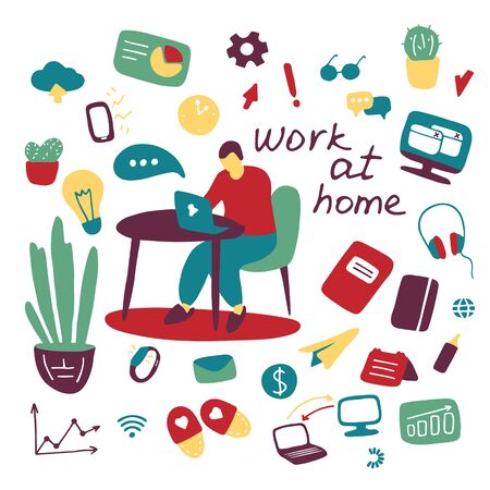 Work at home concept. Man is working from home in quarantine. Doodle hand drawn home and business icon set. Cute flat collection about coronavirus, Covid-19, Stay Home, pandemic protection.のイラスト素材