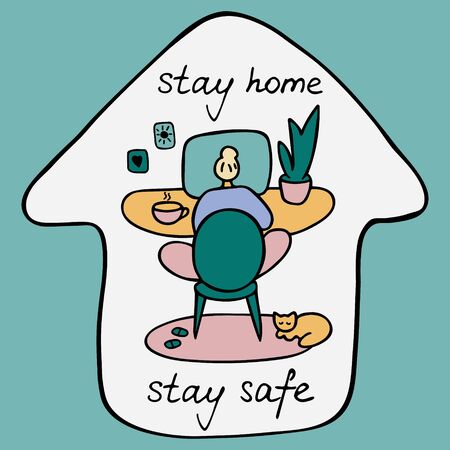 Girl is protected from coronavirus. A young woman communicates online. Online education, work from home, video conference, live broadcast. Social distance concept. Hand drawn flat vector illustration.のイラスト素材