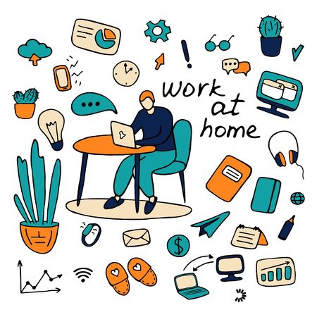 Work From Home Illustration Set Vector. Hand Drawn Flat Home And Business Icons.のイラスト素材