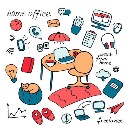Work from home, freelance, home office concept. Hand drawn flat icon set. Vector illustration.のイラスト素材