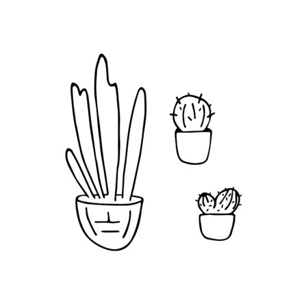 Doodle house plants. Hand drawn pot plants set. Vector illustration.のイラスト素材