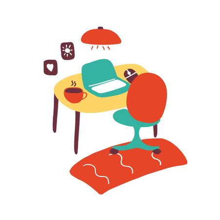 Workplace. Computer on the table and a chair for work. Cozy cabinet for online training, work from home, education. Hand drawn flat vector illustration.のイラスト素材