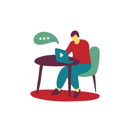 Man sitting at laptop. Online training, work from home, online courses, video conferencing, online meetings. Communication on the Internet, social networks, dating site. Hand drawn flat vector.のイラスト素材