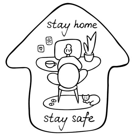 Stay home, stay safe. Cute hand drawn doodle concept. Vector illustration about coronavirus, Covid-19, Stay Home, work in home, pandemic protectionのイラスト素材
