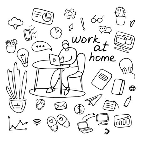Work at home. Cute hand drawn doodle set about coronavirus, Covid-19, pandemic, quarantine. A man is working from home to avoid a coronavirus.のイラスト素材