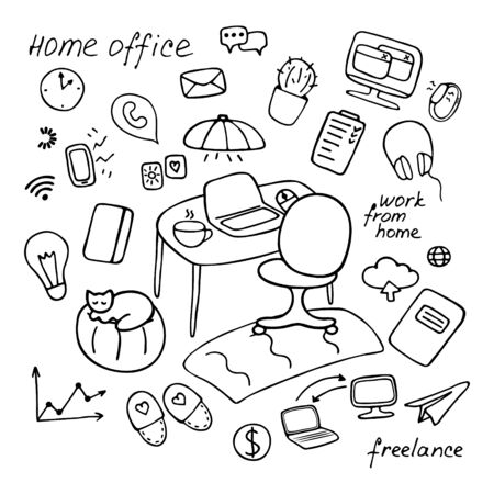 Work from home. Set of hand drawn doodle home, business, workspace icons. Freelance, remote work concept. Inscriptions - Home office, freelance, work from homeのイラスト素材