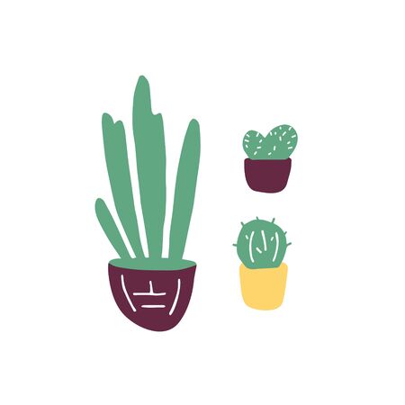 Doodle house plants. Hand drawn pot plants set. Vector illustration.のイラスト素材