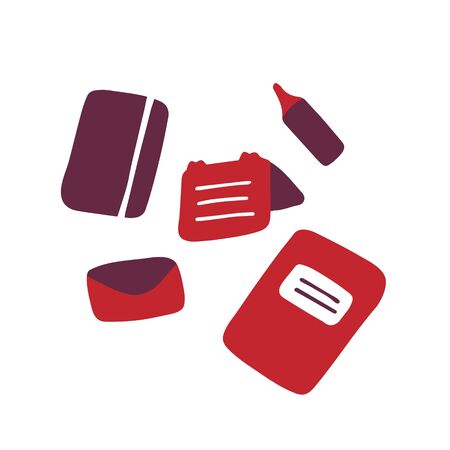Doodle stationery icons. Hand-drawn notebook, calendar, notepad, envelope and marker. Vector flat illustration.のイラスト素材