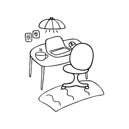 Workplace. Computer on the table and a chair for work. Cozy cabinet for online training, work from home, education. Hand drawn doodle vector illustration.のイラスト素材
