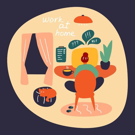 Woman is working from home to avoid a coronavirus. Student learning from home. Online meeting. Technology digital, Social distancing, Work from home concept. Flat hand drawn vector graphic.のイラスト素材