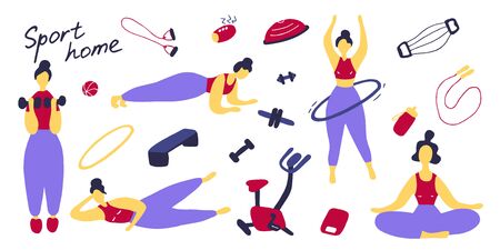 Sport set. Icons of sports equipment and training people. Workout at home, sport exercises at home. Flat vector graphic.のイラスト素材