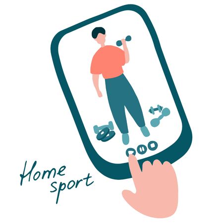 Sport Coach Training Sportsman Mobile App. Man doing exercise with dumbbell in gym. Flat Cartoon Vector Illustration.のイラスト素材