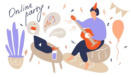 Man plays the guitar during an online party. Virtual birthday party, video call. Modern lifestyle, online life. Flat doodle vector illustrationのイラスト素材