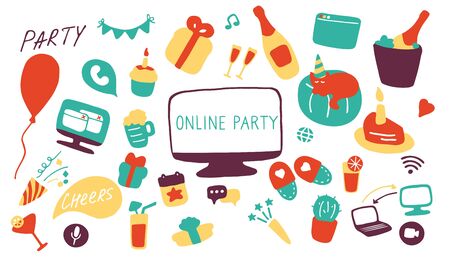 Online party icon set. Doodle celebration signs. Hand drawn flat vector illustrationのイラスト素材