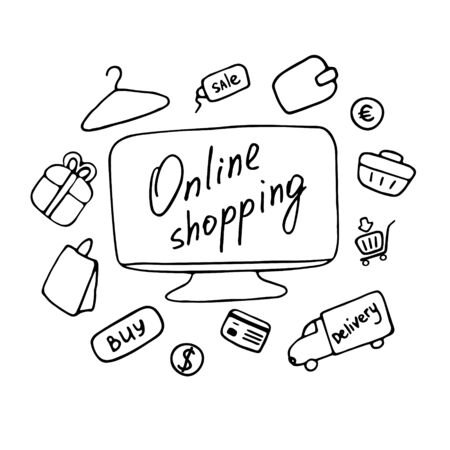 Online shopping concept. Online purchases from home. Vector doodle design.のイラスト素材